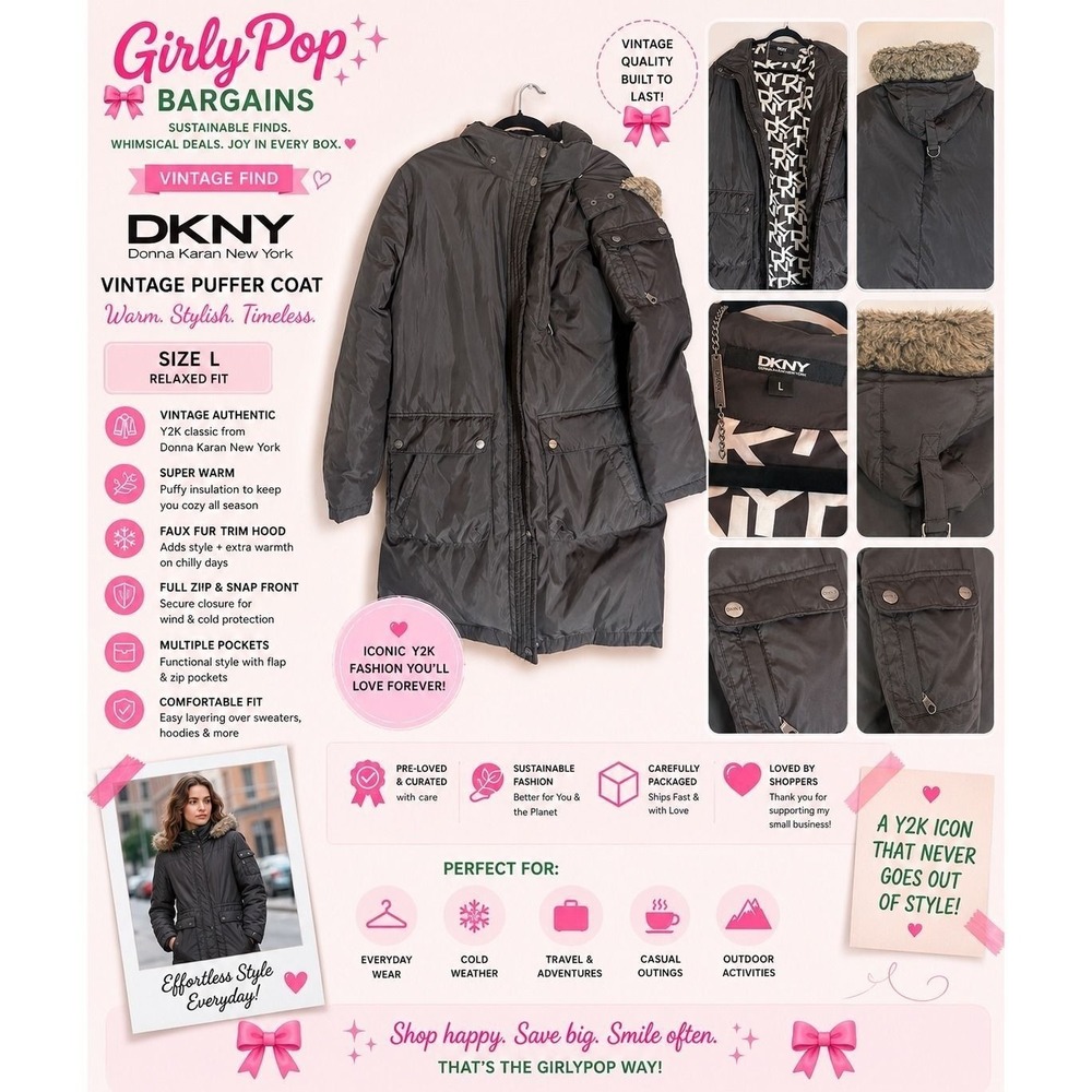 DKNY Vintage Womens Black Faux Fur Hooded Puffer Coat Jacket Size L Y2K Winter